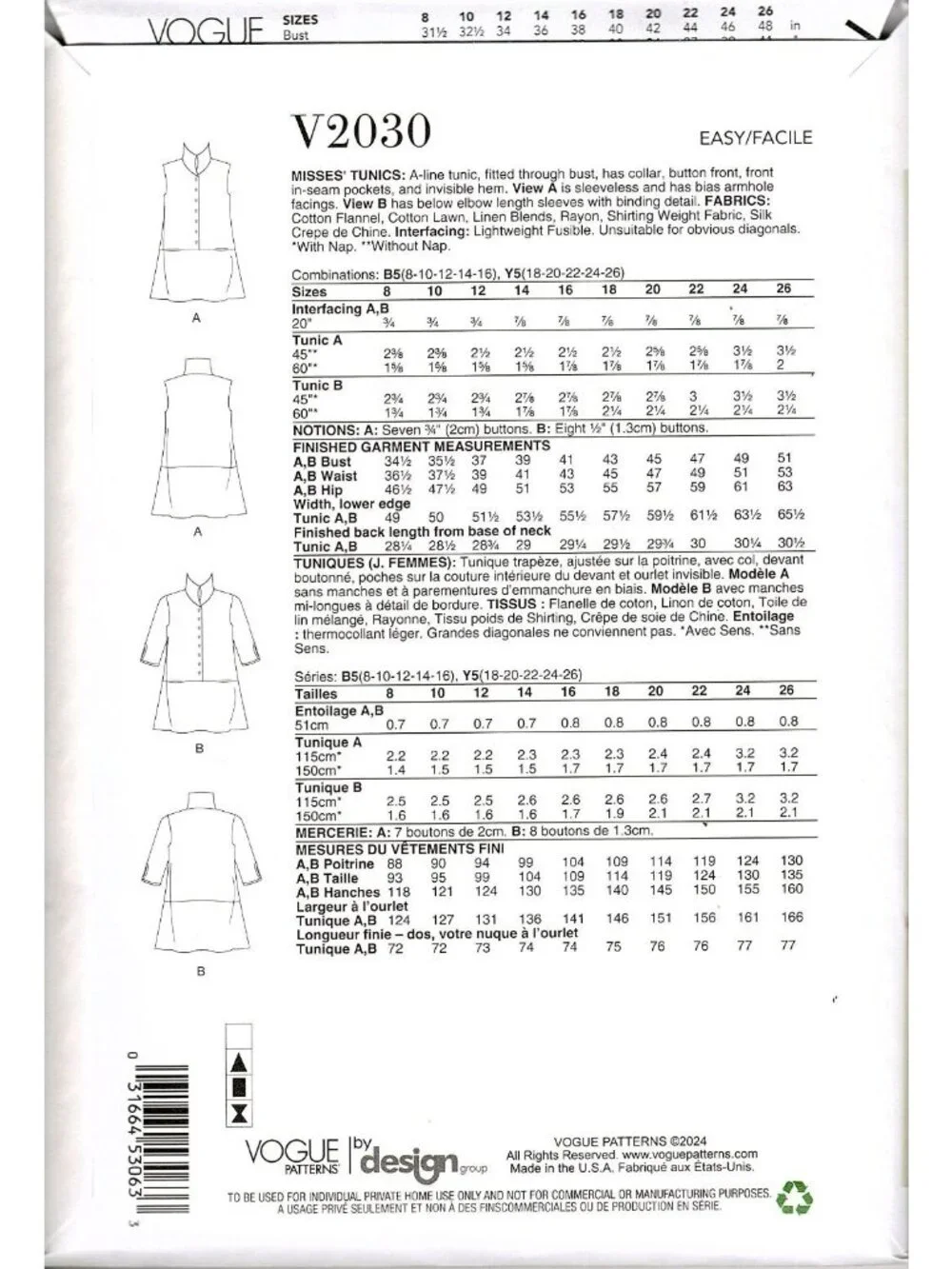 Vogue V2030 Misses 18 to 26 Marcy Tilton Tunic Uncut Sewing Pattern